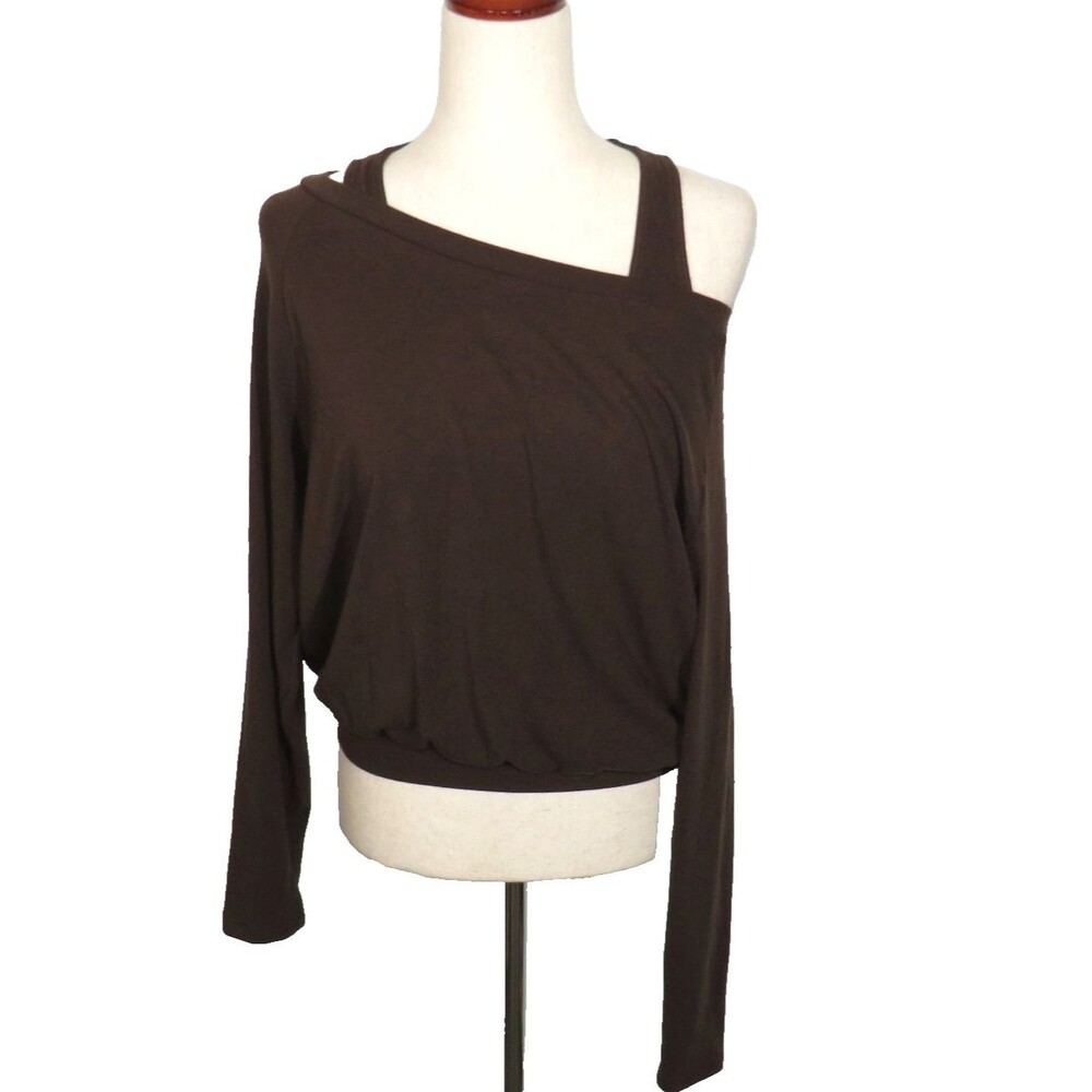 OGL Eco Mousse Heat Tech Layered Long Sleeve Off Shoulder Brami Top Brown Sz S